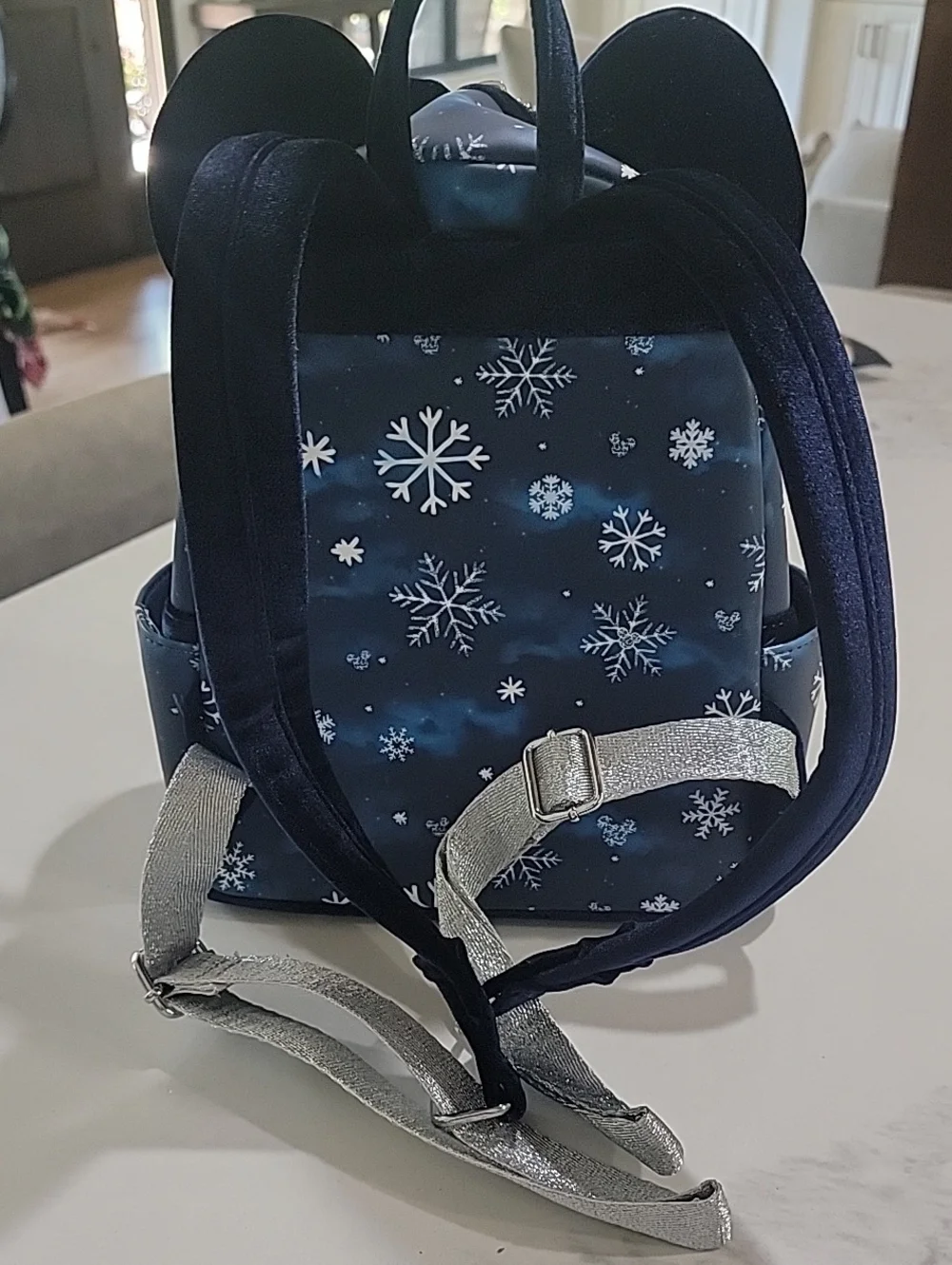 Loungefly Navy Snowflake Minnie Ear Mini Backpack with Velvet Bow